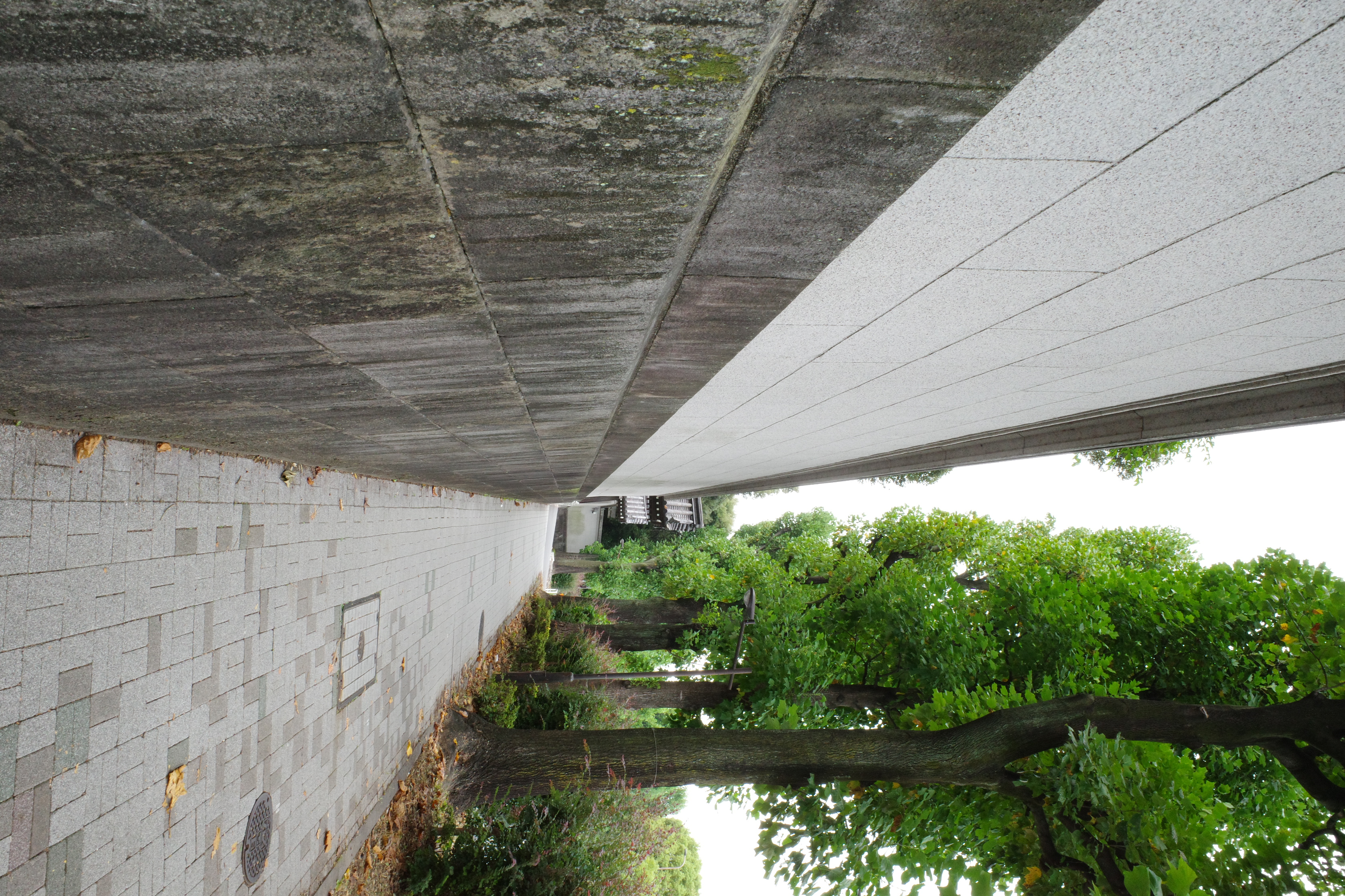 An image of a white and grey wall along pavement
